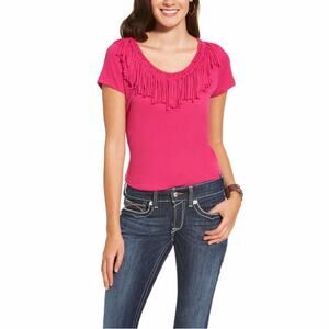 ARIAT seniorita hot pink fringe t shirt size medium